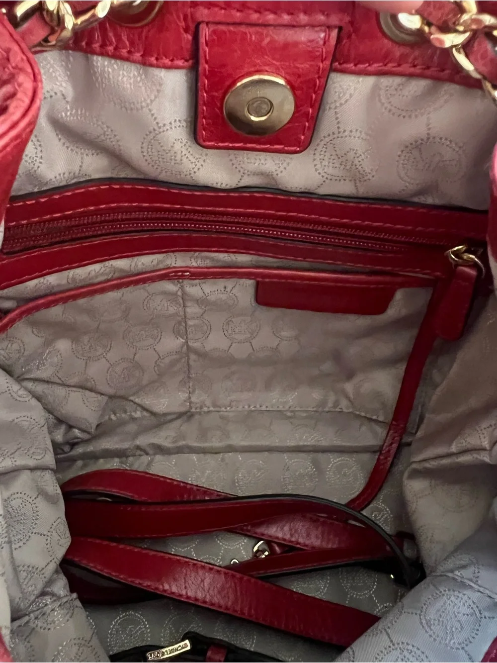 Michael Kors Quilted Red Leather Drawstring Hobo with Gold Chain